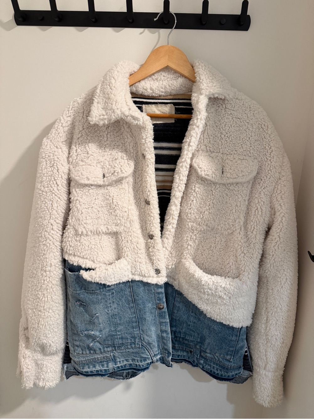 Unisex Cream Teddy Jacket with Denim Hem